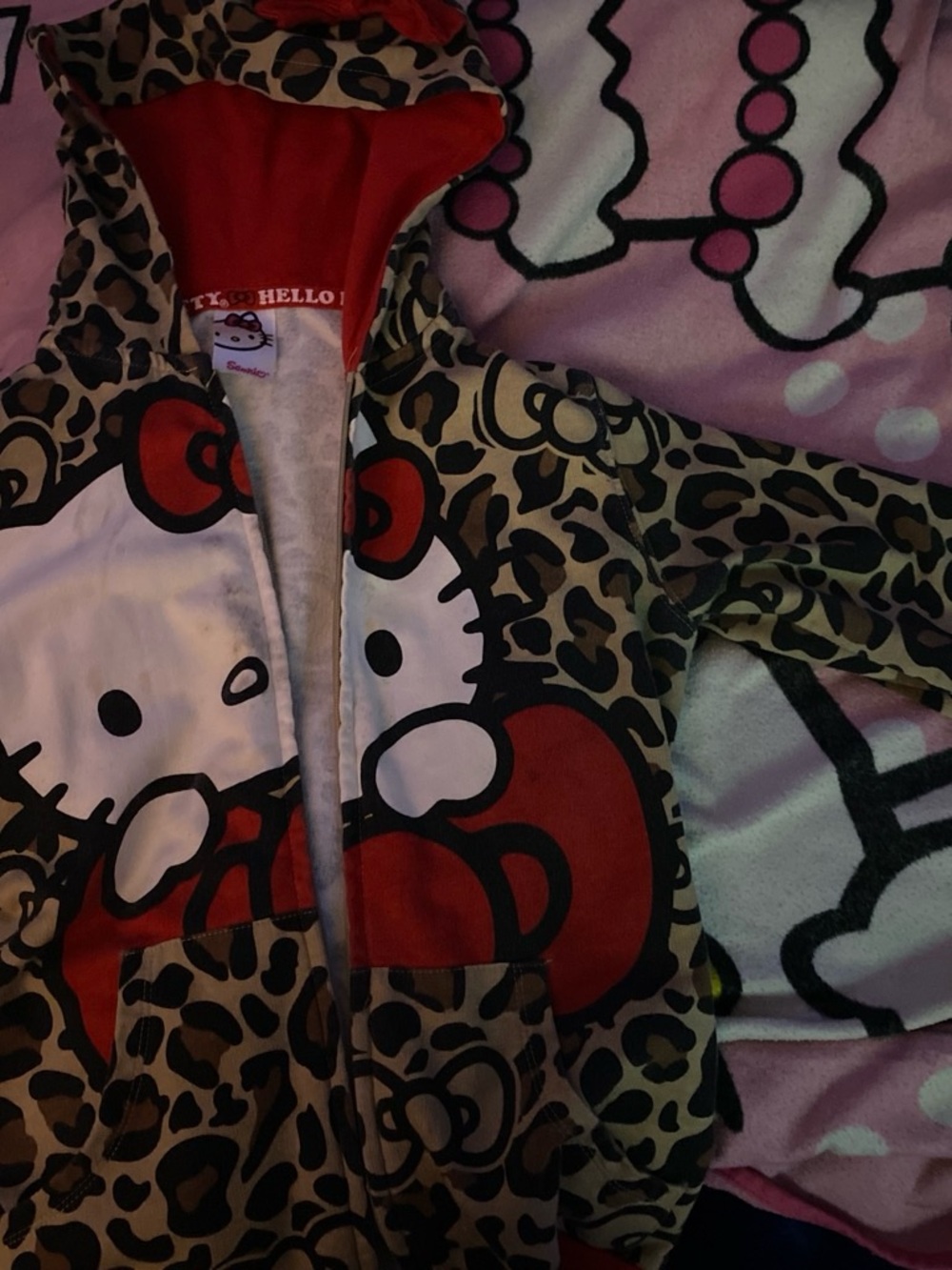 Hello Kitty Leopard Print Hooded One-Piece - Red & Tan